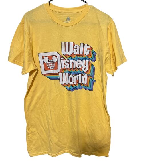 Walt Disney World Parks Retro Logo Yellow T Shirt Mens L Rainbow Letters - Picture 1 of 5